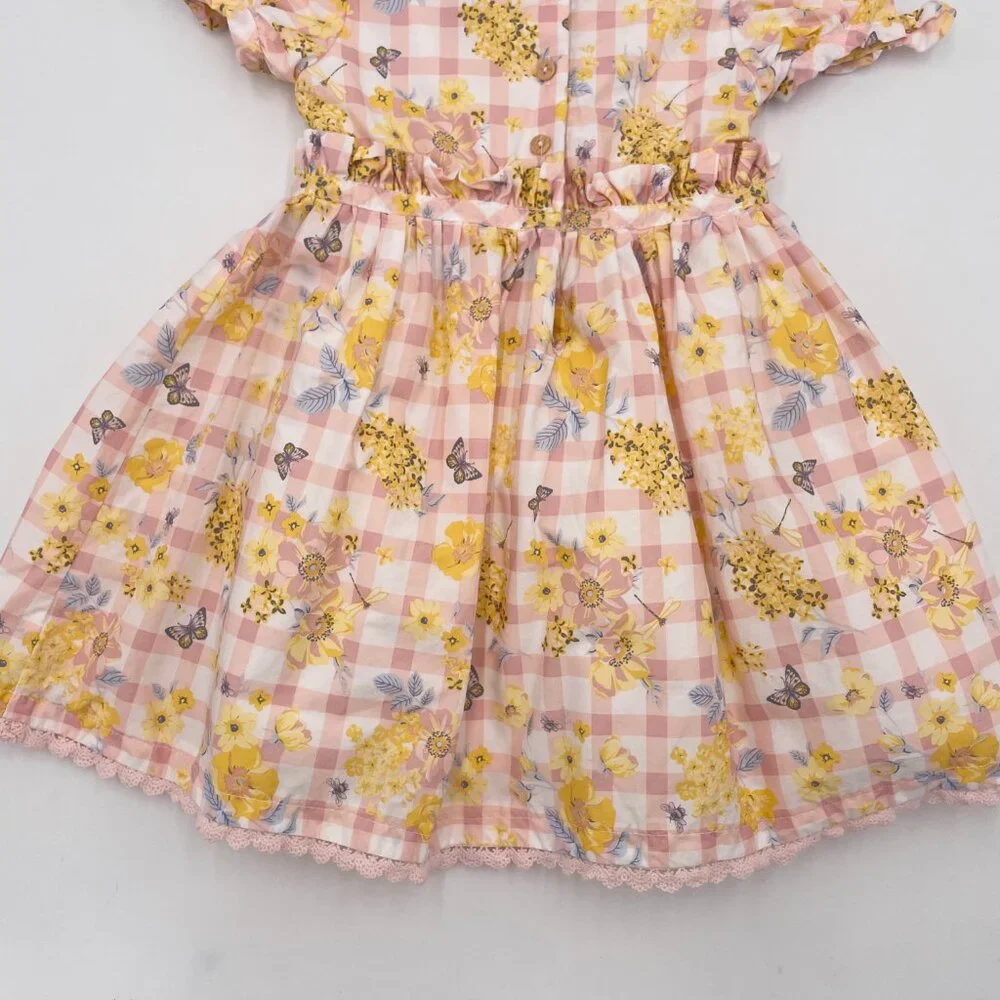 Haute Hippie Dress Gingham Floral Girl Size 2T Pink Yellow White‎ Puffed Sleeve